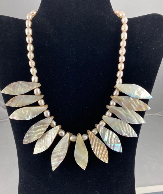 Cultured Freshwater Pearl Bib Necklace with Shell Sterling Silver, Adjustable Cultured Freshwater Pearl Bib Necklace with Shell Sterling Silver, Adjustable