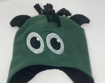 Handmade Green Monster, Dragon Fleece Hat, Embroidered Winter Hat, Toddler Children, Adult Beanie,
