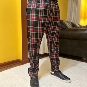 Silvana Ney men’s  Designer Plaid Pants red, black green Drawstring Size -M