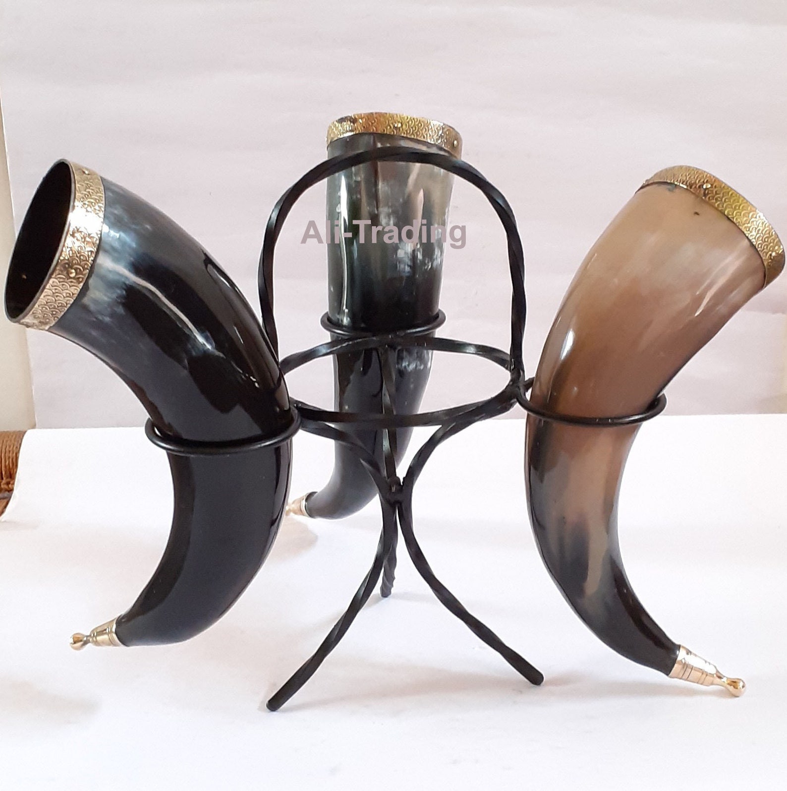 Set of 3 Drinking Horn And Iron Stand Unique Drinkware Natural Etsy