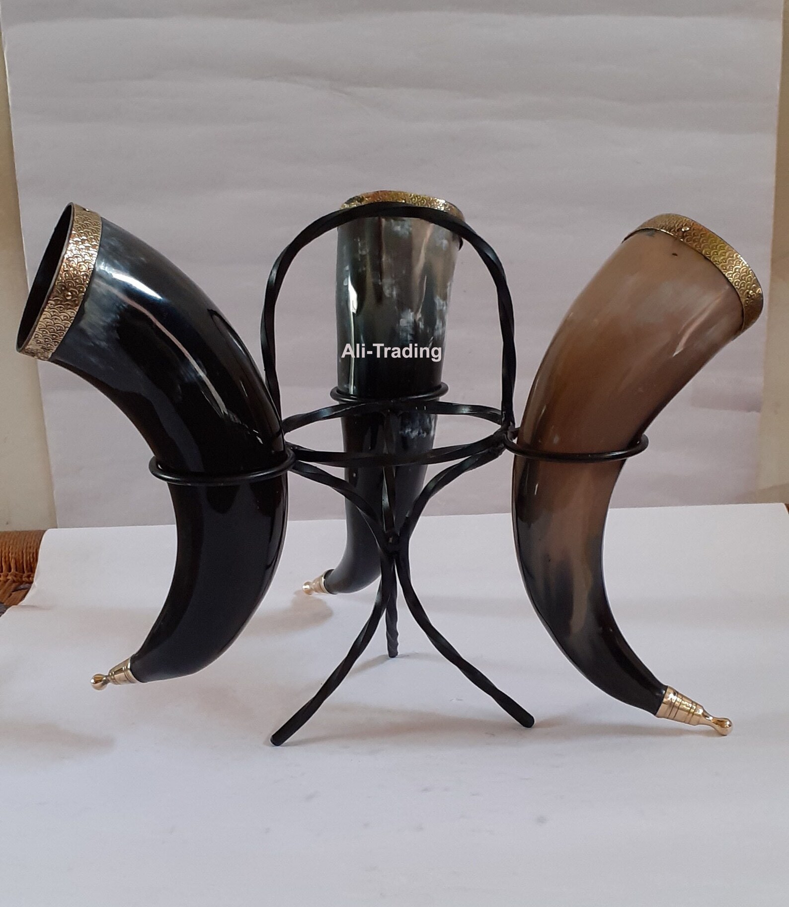 Set of 3 Drinking Horn And Iron Stand Unique Drinkware Natural Etsy