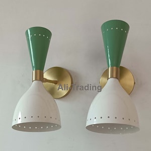 1950's Mid Century Brass Italian Diabolo Wall Sconce Light Fixture 2 Bulb Pair