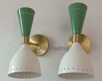 1950's Mid Century Brass Italian Diabolo Wall Sconce Light Fixture 2 Bulb Pair