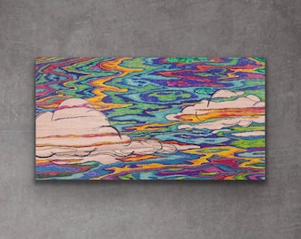 Può includere: Stampa d'arte astratta con uno sfondo psichedelico, colorato e vorticoso con due nuvole bianche delineate in nero. Lo sfondo è un mix di blu, verde, giallo, arancione, rosso e viola.