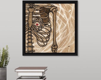 Può includere: Un'illustrazione in bianco e nero di una gabbia toracica umana con un cuore rosso al centro. Lo sfondo è di colore marrone chiaro con linee bianche.