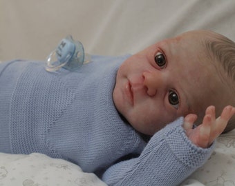 May include: A baby doll wearing a light blue knitted sweater and a pacifier. The doll has realistic features, including brown eyes and a soft, lifelike appearance.