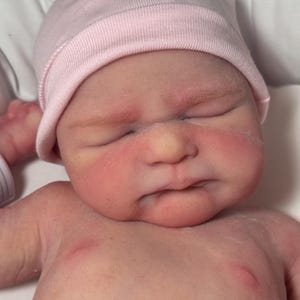 May include: A newborn baby doll with closed eyes and a pink knit cap. The doll's skin has a realistic appearance with rosy cheeks and a slightly furrowed brow. The doll is lying down, with its arms and chest visible.