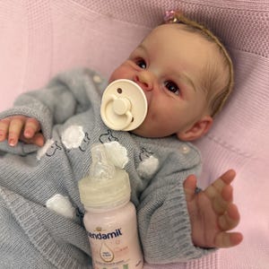 Puede incluir: Una mu&ntilde;eca beb&eacute; realista con un su&eacute;ter azul claro con dise&ntilde;os de nubes blancas. La mu&ntilde;eca tiene un chupete en la boca y un biber&oacute;n de f&oacute;rmula Kendamil. La mu&ntilde;eca est&aacute; acostada sobre una manta rosa.