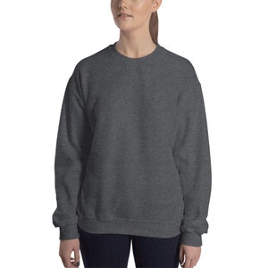 May include: A dark heather grey sweatshirt with a crew neck.