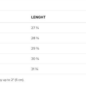 May include: Size chart showing the length and width in inches of a garment in sizes S, M, L, XL, and 2XL.  Product measurements may vary by up to 2 inches.