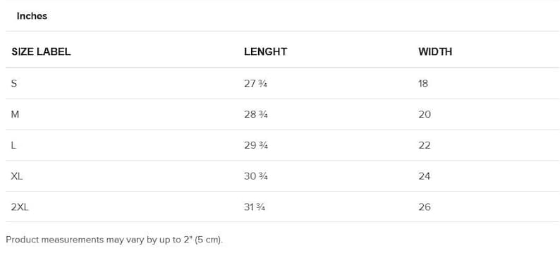 May include: Size chart showing the length and width in inches of a garment in sizes S, M, L, XL, and 2XL.  Product measurements may vary by up to 2 inches.