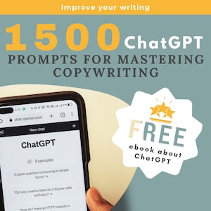 Pode incluir: Um smartphone exibindo o aplicativo ChatGPT com o texto "1500 prompts do ChatGPT para dominar a redação publicitária" em um fundo azul com uma forma de estrela amarela contendo o texto "E-BOOK GRÁTIS sobre ChatGPT".
