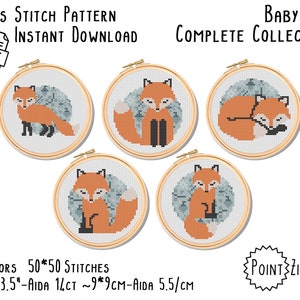 May include: Five cross stitch patterns of baby foxes in different poses, each in a wooden embroidery hoop. The patterns are 50 by 50 stitches and use 7 colors. The text "Baby Fox Complete Collection" is at the top of the image.