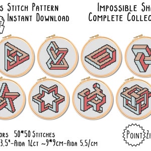 Peut inclure: Un ensemble de huit motifs de point de croix représentant des formes impossibles. Les motifs sont au format 50x50 points et utilisent quatre couleurs. Les motifs sont affichés dans des cerceaux à broder sur un fond blanc. Le texte "IMPOSSIBLE SHAPES COMPLETE COLLECTION" est en haut de l'image. Le texte "POINT ZIGZAG" est en bas de l'image.