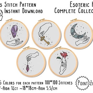 May include: Five cross stitch patterns featuring hands holding different objects, including a crystal, key, crescent moon, pendulum, and rose. Each pattern is 100 by 100 stitches and uses 3 to 5 colours. The patterns are designed for 14 count Aida fabric, which is approximately 7 inches by 7 inches or 18 centimetres by 18 centimetres.