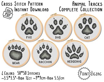 Patrón de punto de cruz - Huellas de animales: Colección completa