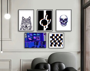 Synthwave Inspired Gallery Art Set of 5, Skull and Wolf Art Prints, Retro Diner, Abstract Pop Art Designs