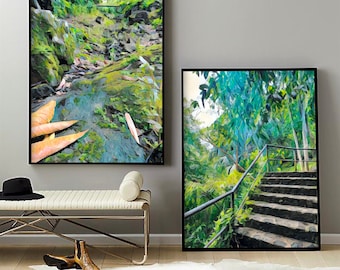 Botanical Garden Nature Print Set of 2, Textured Greens Forest Landscape, Mid Century Modern Natural Digital Print