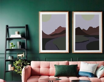 Moody Minimalist Mountain Landscape Print Set of 2, Abstract Landscape, Mid Century Modern Minimal Wall Art, Dark Wall Art