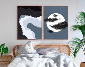 Ocean Cliff and Moon Print Set, Gallery Wall Art, Mid Century Modern Print, Beach Wall Art