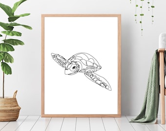 Sea Turtle Line Art Print, Sea Animals Wall Art, Nursery Decor, Animal Line Art, Digital Download, Large Printable Poster