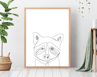Raccoon Line Art, Woodland Animal, Single Line Art, Animal Line Art, Minimalist Digital Print