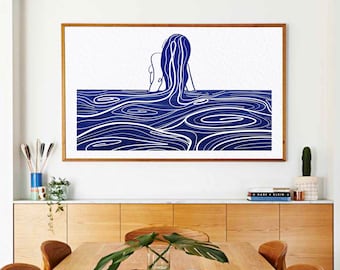 Abstract Female Body Line Drawing, Minimalist Ocean Waves Line Art, Deep Blue Ocean Print, Lost in Her Digital Art
