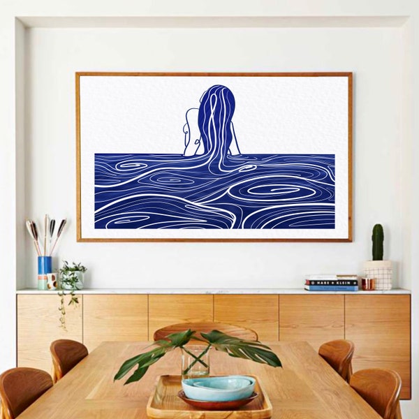 Abstract Female Body Line Drawing, Minimalist Ocean Waves Line Art, Deep Blue Ocean Print, Lost in Her Digital Art