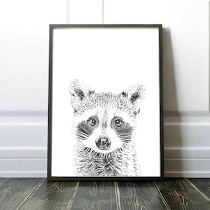 Handmade Raccoon Art Print, Woodland Animals Wall Art, Nursery Decor, Pointillism, Digital Download, Large Printable Poster, Forest Animals