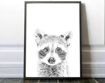 Handmade Raccoon Art Print, Woodland Animals Wall Art, Nursery Decor, Pointillism, Digital Download, Large Printable Poster, Forest Animals