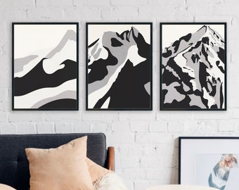 Winter Mountain Print Set of 3, Abstract Landscape, Black and White Digital Art, Mid Century Modern