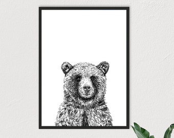 Bear Pointillism, Black and White Animal Print, Bear Abstract Digital Art, Forest Animals, Jungle Woodland Printable Digital Download Poster