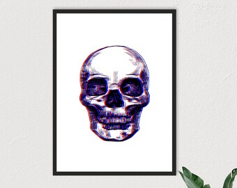 3D Pop Art Skull, Blue and Red Graphic Art Human Skull Print, Digital Download