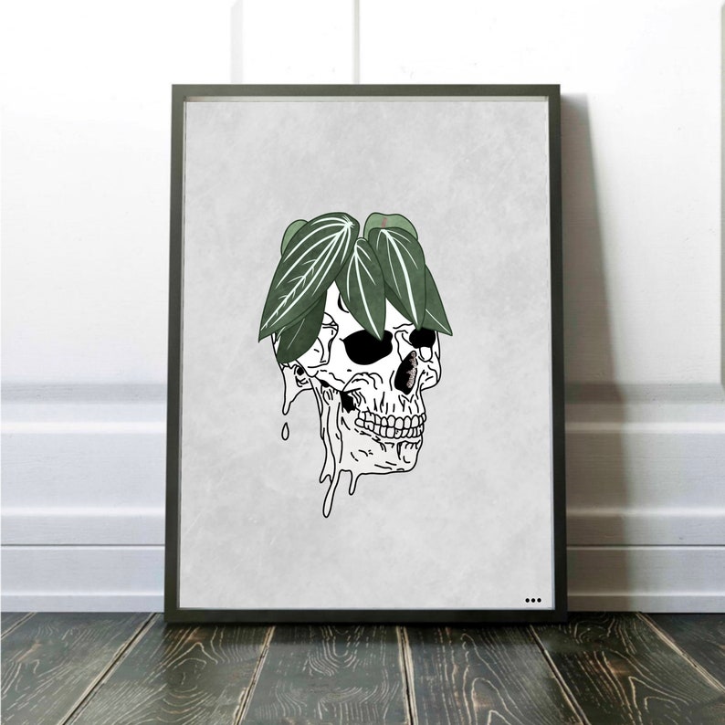 Human Skull Art Set of 3, House Plant Art, Gallery Wall Bundle, Plant Skull Printable Wall Trio, Botanical Print, Digital Download image 2