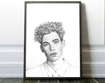 Celebrity Portrait Cameron Boyce Inspired, Minimalist Pointillism Art, Black and White Wall Art, Digital Download