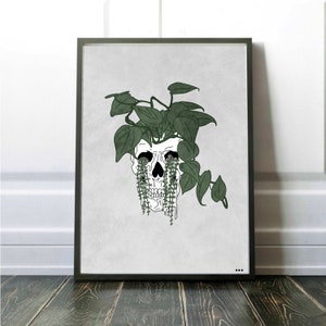 Human Skull Art Set of 3, House Plant Art, Gallery Wall Bundle, Plant Skull Printable Wall Trio, Botanical Print, Digital Download image 3