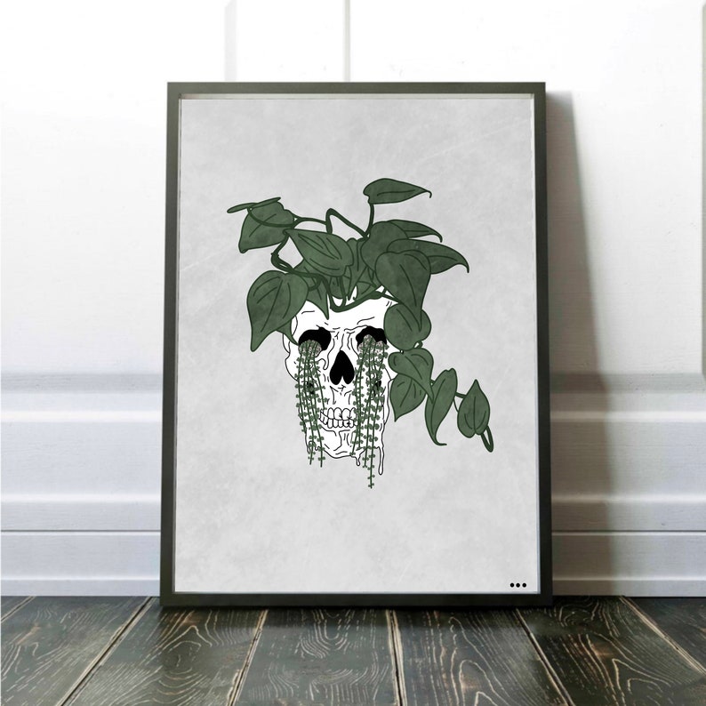 Human Skull Art Set of 3, House Plant Art, Gallery Wall Bundle, Plant Skull Printable Wall Trio, Botanical Print, Digital Download image 3