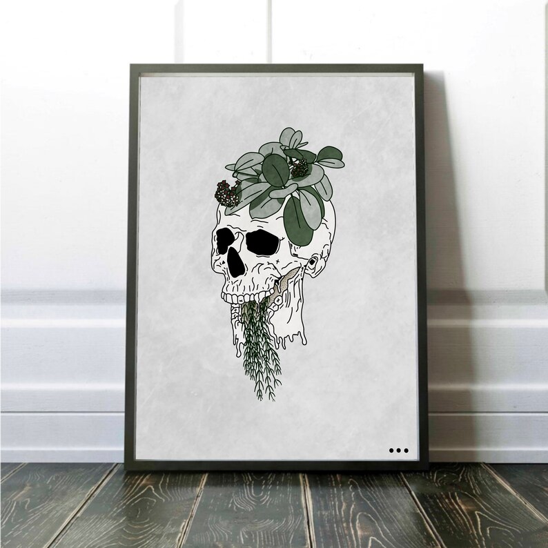 Human Skull Art Set of 3, House Plant Art, Gallery Wall Bundle, Plant Skull Printable Wall Trio, Botanical Print, Digital Download image 4