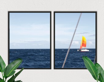 Deep Blue Ocean Wall Art Poster Prints, Sail Boat Photography Set of 2, Orange Yellow White Beach Boat Coastal Hawaii Prints, DIY Wall Art