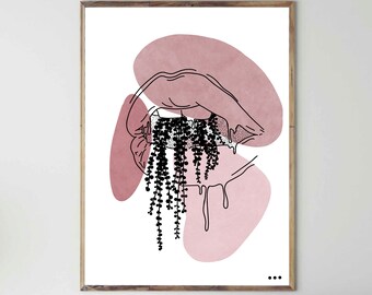 Pink Lips and Eyes Print Set of 2, String of Pearls, House Plant Print, Beauty Room Print, Vanity Decor, Digital Download