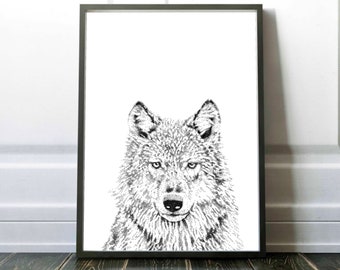 Handmade Wolf Art Print, Woodland Animals, Black and White Print, Nursery Decor, Pointillism, Digital Download