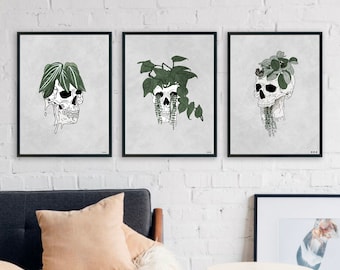 Human Skull Art Set of 3, House Plant Art, Gallery Wall Bundle, Plant Skull Printable Wall Trio, Botanical Print, Digital Download