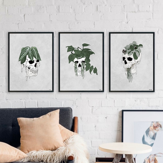 Human Skull Art Set of 3, House Plant Art, Gallery Wall Bundle, Plant Skull Printable Wall Trio, Botanical Print, Digital Download