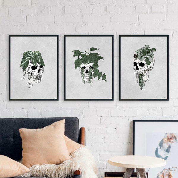 Human Skull Art Set of 3, House Plant Art, Gallery Wall Bundle, Plant Skull Printable Wall Trio, Botanical Print, Digital Download