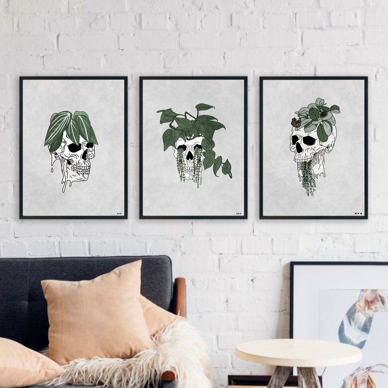 Human Skull Art Set of 3, House Plant Art, Gallery Wall Bundle, Plant Skull Printable Wall Trio, Botanical Print, Digital Download image 1