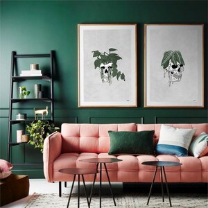 Human Skull Art Set of 3, House Plant Art, Gallery Wall Bundle, Plant Skull Printable Wall Trio, Botanical Print, Digital Download image 6