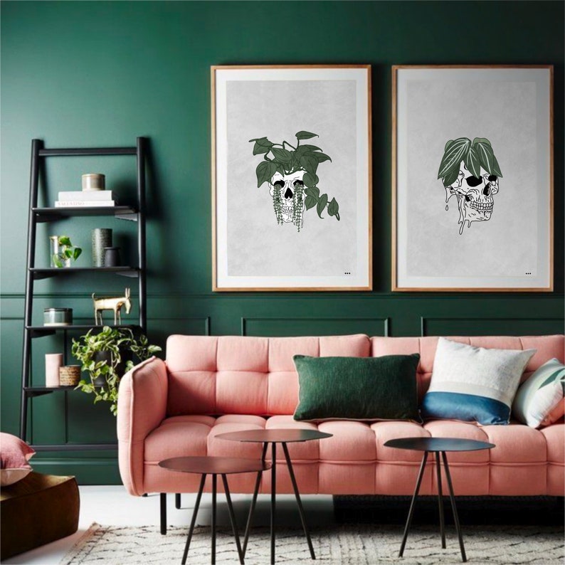 Human Skull Art Set of 3, House Plant Art, Gallery Wall Bundle, Plant Skull Printable Wall Trio, Botanical Print, Digital Download image 6