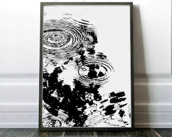 Water Rain Drop Print, DIGITAL Download, Black & White Line Art, Zen Pond Minimal Art
