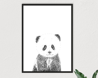 Panda Pointillism, Black and White Animal Print, Panda Abstract Digital Art, Forest Animal, Jungle Woodland Printable Digital Download