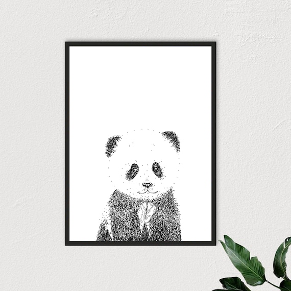 パンダの点描画、白黒の動物のプリント、パンダの抽象的なデジタル